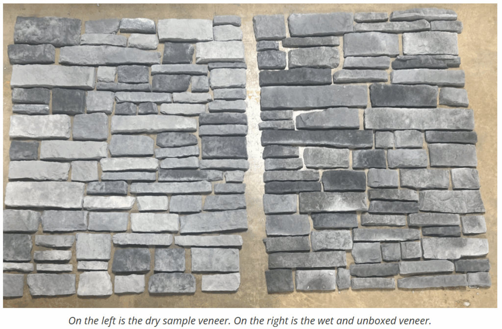 Stone veneer and moisture: hand with hammer testing adhesion on lath wall.