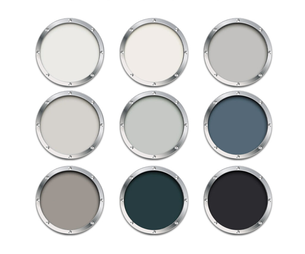 Neutral home color palette samples including cream, gray, blue, and charcoal tones.